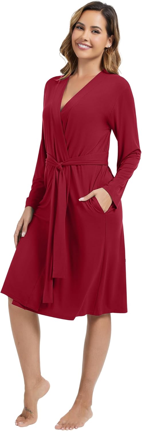 WiWi Women's Robe Long Sleeve Bathrobe with Pockets Soft Kimono Spa Lightweight Robes Bamboo Viscose Loungewear S-XXL