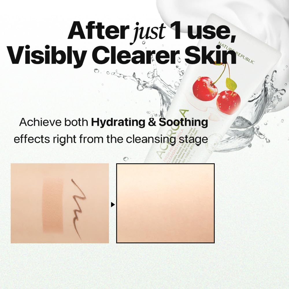 Nature Republic Fresh Herb Acerola cleansing foam Hydration & Moisturizing daily Makeup Remover, Nighttime Foaming Pore Cleansing aloe face wash,Korean Skin Care for All Skin Types 170ml / 5.74 fl Oz