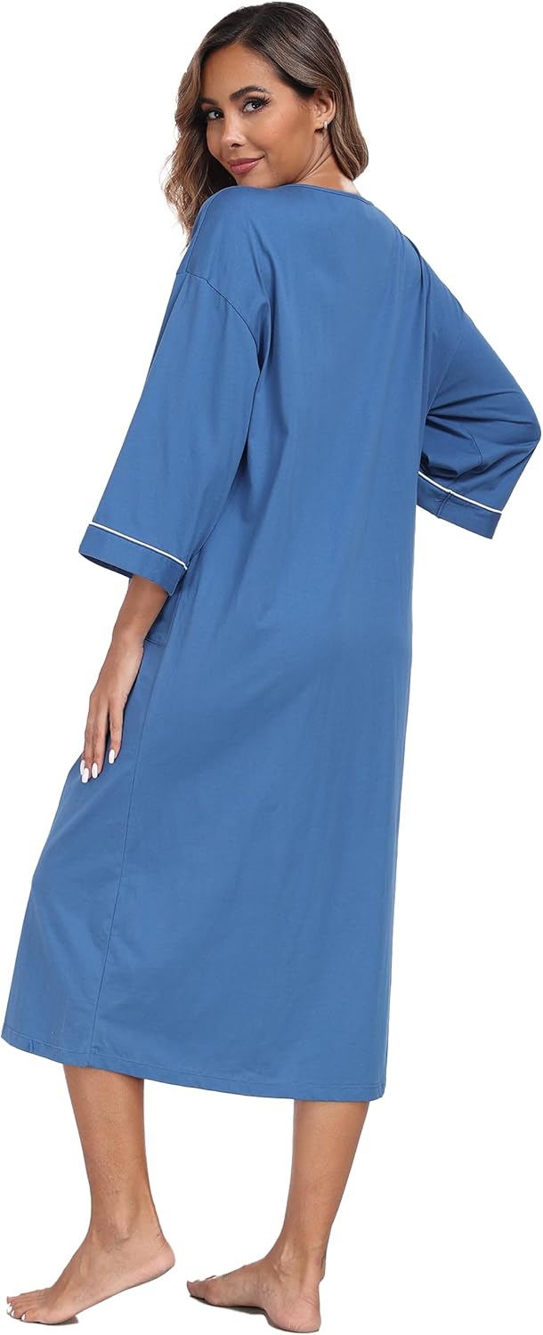ANLIQI Women's 100% Cotton Robes Long Zipper Front House coats 3/4 Sleeve Bathrobes Lightweight Full Length Robe with Pockets