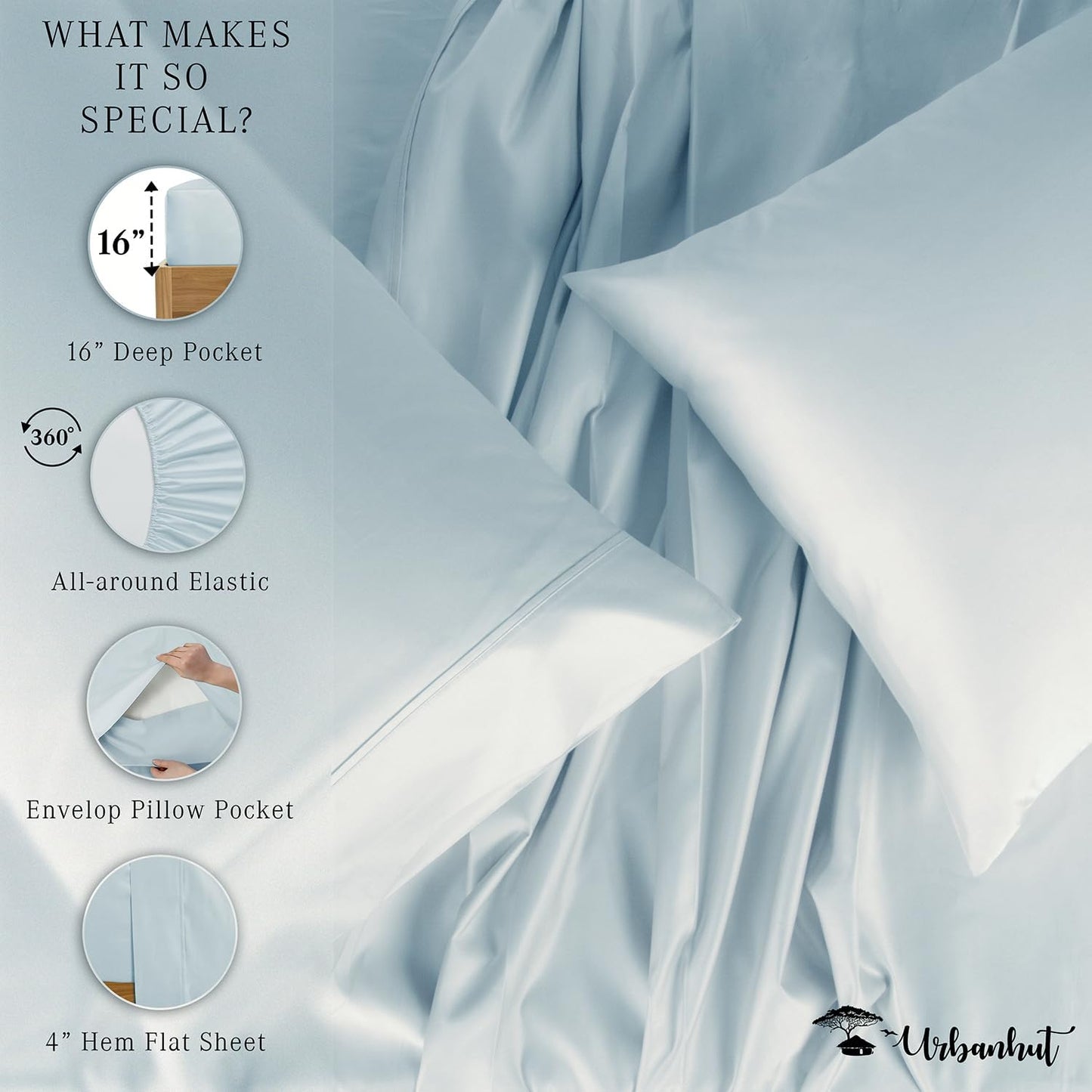 URBANHUT 700 Thread Count Queen Size Egyptian Cotton Sheets, 4Pc Sheet Set Soft Luxury Bed Sheets for Queen Size Bed, Sateen Weave Hotel Sheets, 16'' Elasticized Deep Pocket - Light Blue