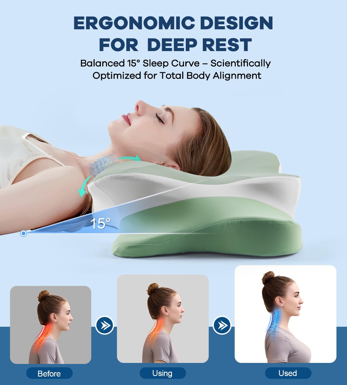 Cervical Pillow for Neck Pain Relief -Cooling Ergonomic Memory Foam Pillow with Ice Silk Pillowcase, Dual-Height Orthopedic Support Contour Pillow for Side/Back/Stomach Sleepers, CertiPUR-US Certified