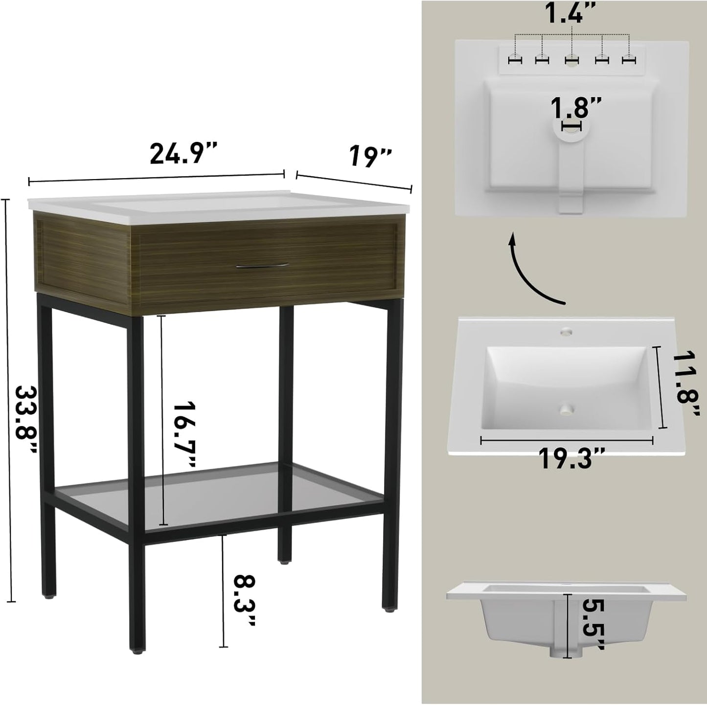 24 Inches Bathroom Vanity with Resin Sink, Single Sink Modern Cabinet Set, Stainless Steel Frame with Tempered Glass Open Shelf, Freestanding Bathroom Storage Cabinet Combo, Black
