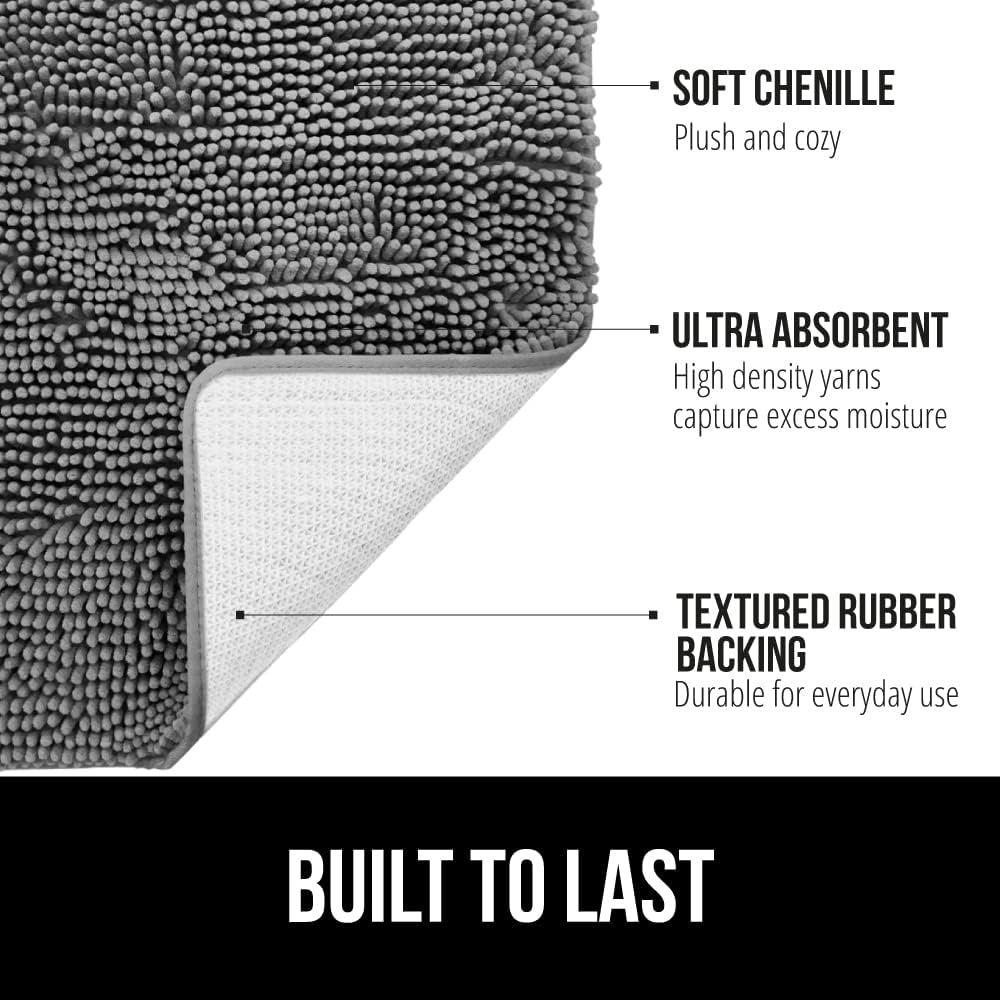 GORILLA GRIP Bath Rug Mat 60x17, Thick Soft Absorbent Chenille, Quick Dry Microfiber Mats, Rubber Backing Washable Shower Floor Rugs, Bathmat Runner, US Designed Bathroom Home Decor Accessories Grey