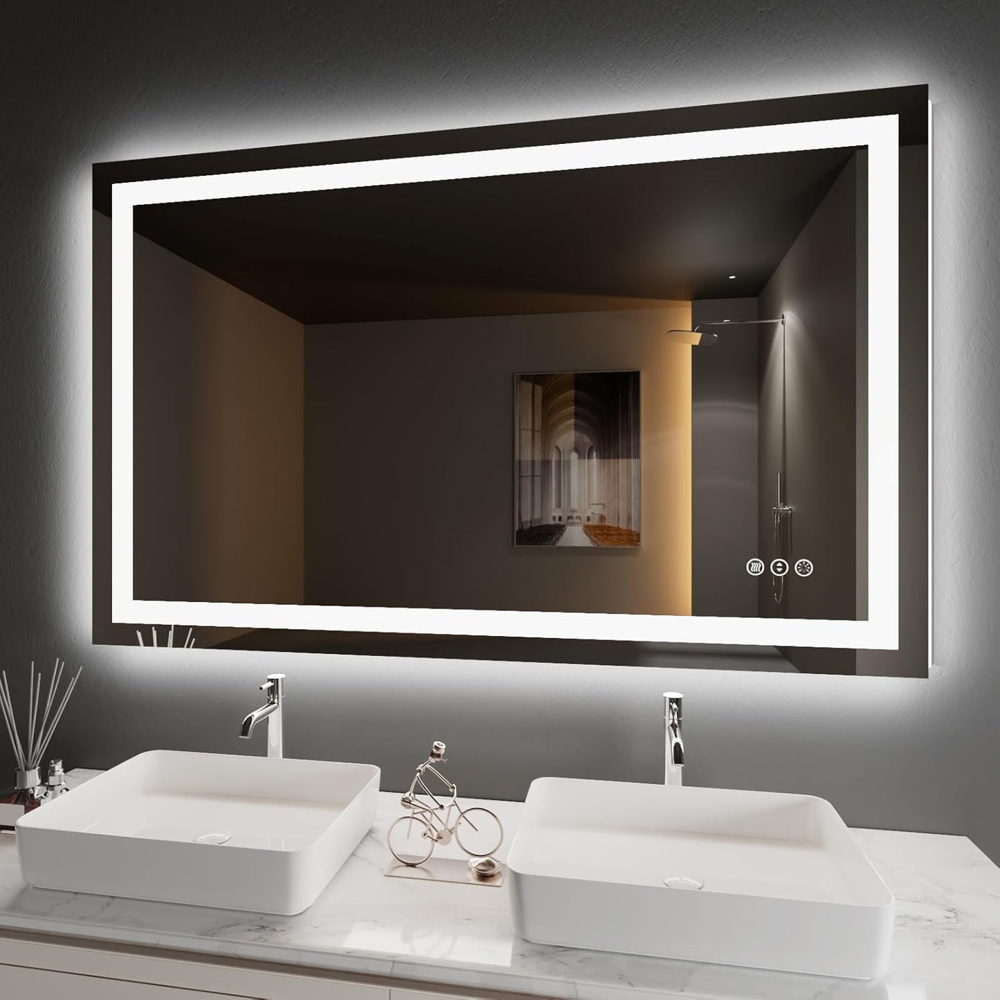 Amorho 50" X32" LED Bathroom Mirror, Front and Backlight Stepless Dimmable, Wall Mirrors with Defogger, Shatter-Proof, Memory, 3 Colors Lighting, Double LED Vanity Mirror(Horizontal/Vertical)