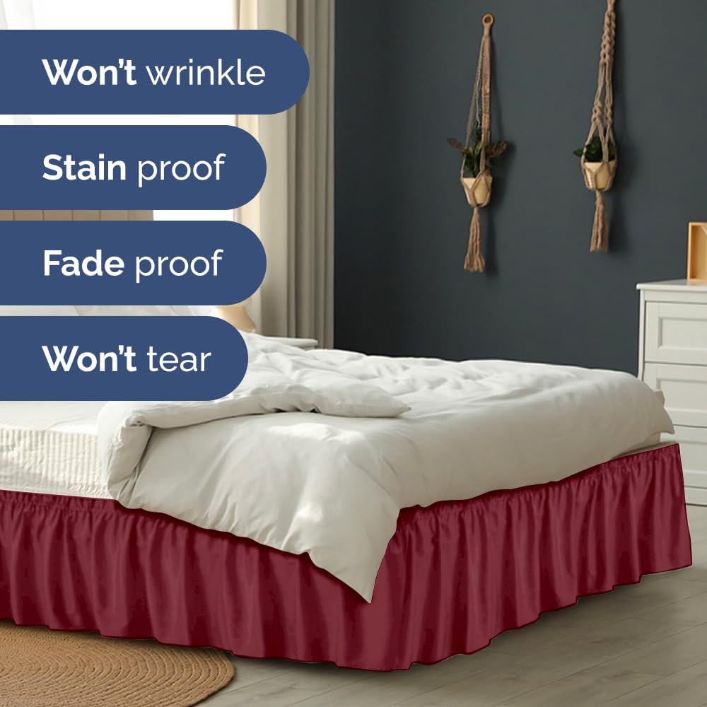 Wrap Around Dust Ruffle Bed Skirt - Burgundy - for King Size Beds with 21 Inch Drop - Easy Fit Elastic Strap - Adjustable Pleated Bedskirt w/Brushed Fabric Wrinkle Free - for Women, Men, Kids & Teens