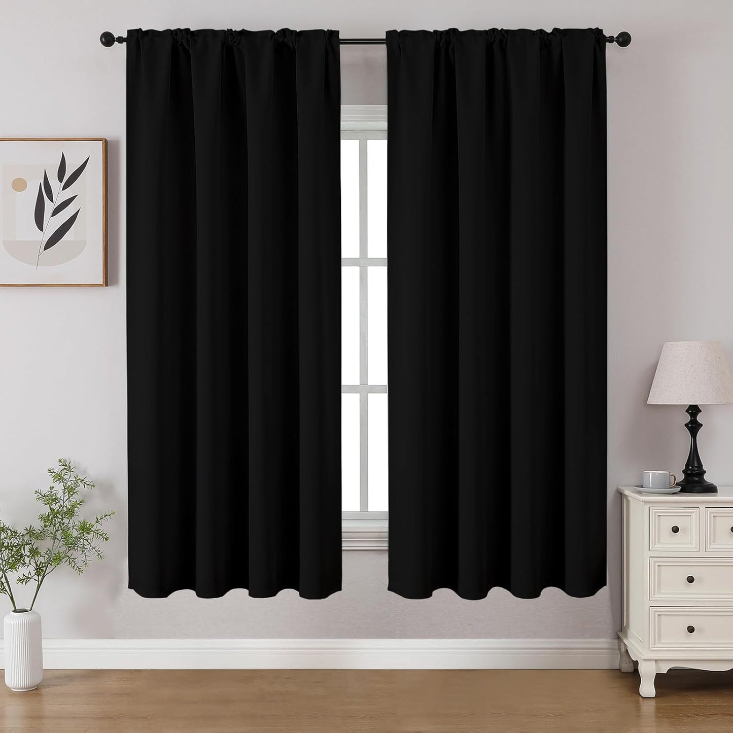 CUCRAF Black Blackout Curtains 54 inch Length 2 Panels Set, Rod Pocket Room Darkening Drapes for Bedroom Living Room, Insulated Thermal Light Blocking Window Curtain (W52 x L54 Inch)