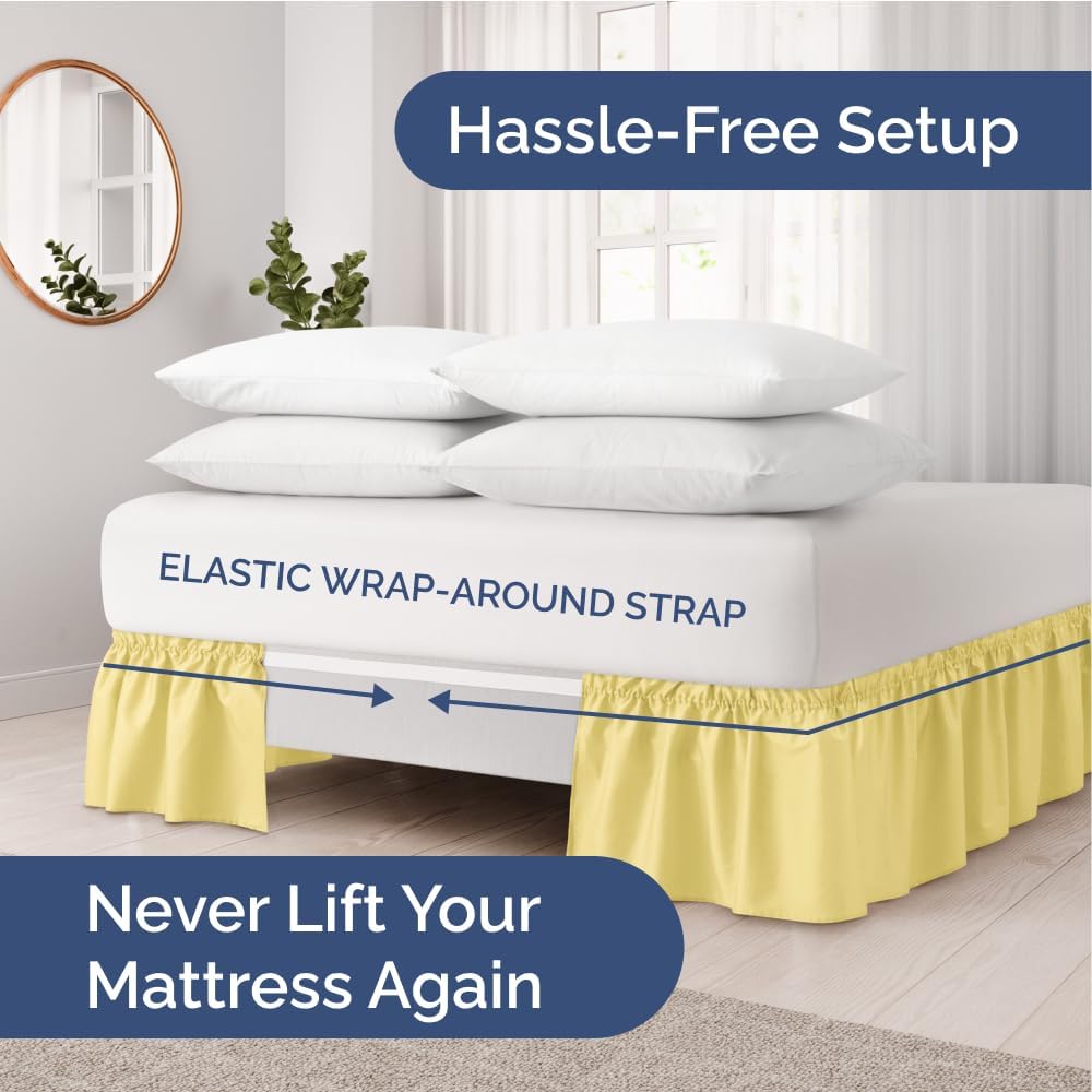 Wrap Around Dust Ruffle Bed Skirt - Yellow - for Queen Size Beds with 18 Inch Drop - Easy Fit Elastic Strap - Adjustable Pleated Bedskirt w/Brushed Fabric Wrinkle Free - for Women, Men, Kids & Teens