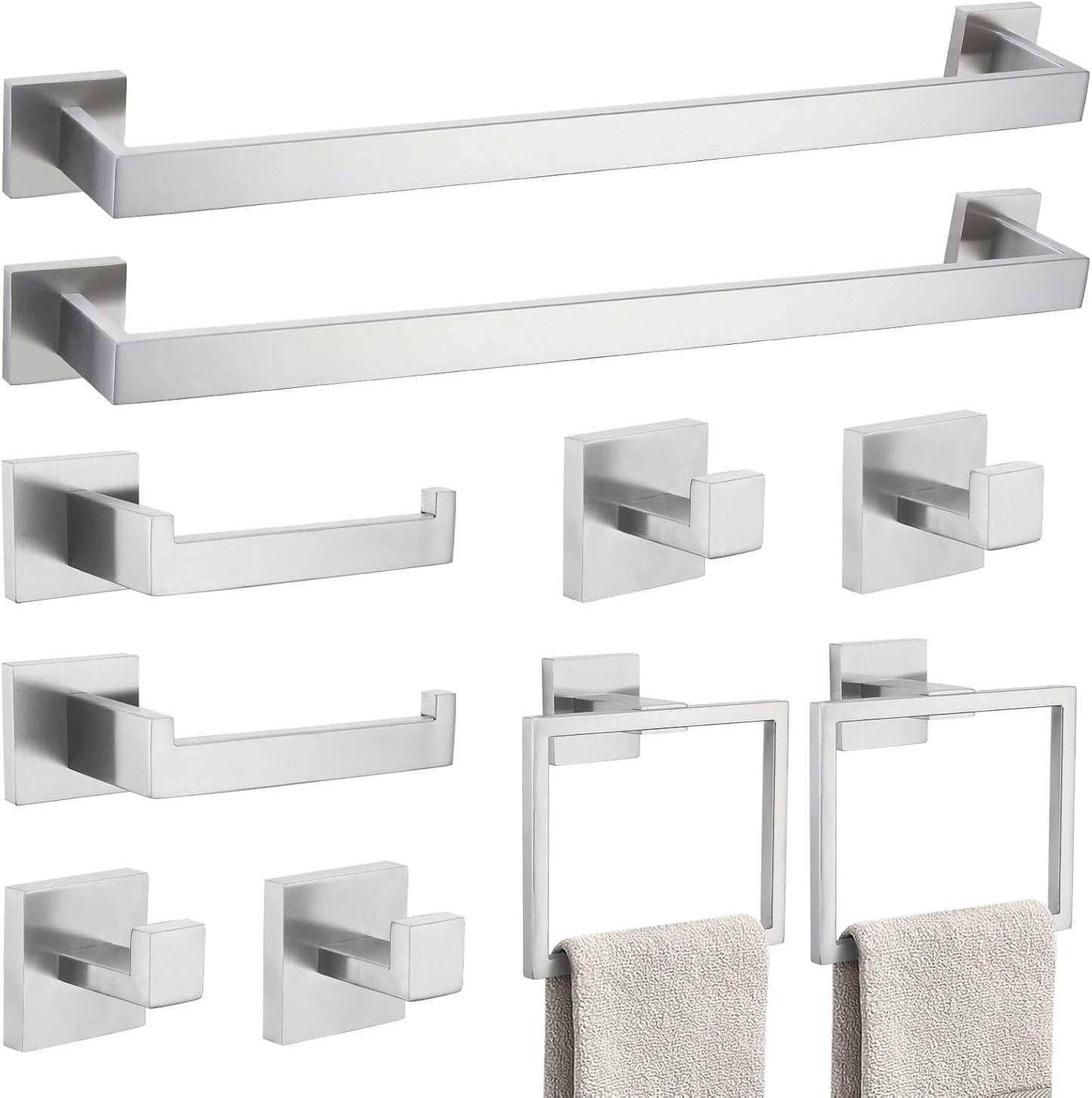 10-Piece Bathroom Hardware Accessories Set-Brushed Nickel Towel Bar, Holder & Racks-SUS304 Stainless Steel-Wall Mounted,23.6-Inch