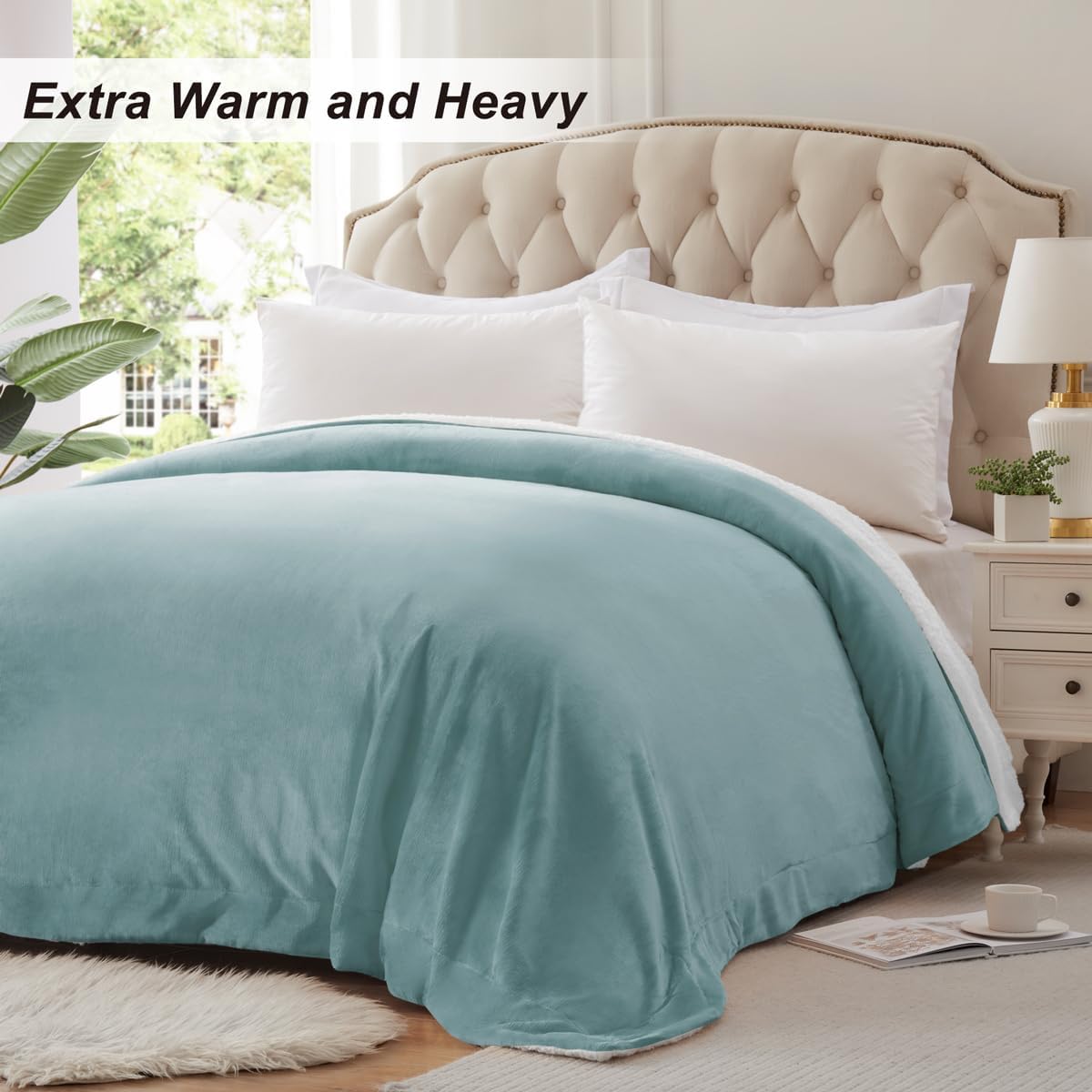 KAWAHOME Sherpa Fleece King Size Blanket for Bed - Extra Warm and Heavy Thick Blankets for Winter, Super Soft 500GSM Plush Blanket, 108" X 90" Spa Blue