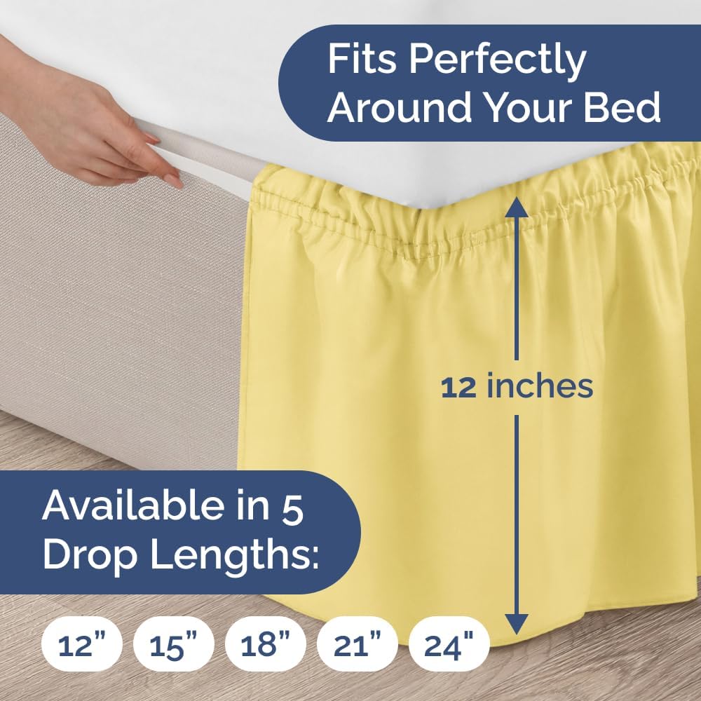 Wrap Around Dust Ruffle Bed Skirt - Yellow - for King Size Beds with 12 Inch Drop - Easy Fit Elastic Strap - Adjustable Pleated Bedskirt w/Brushed Fabric - Wrinkle Free - for Women, Men, Kids & Teens