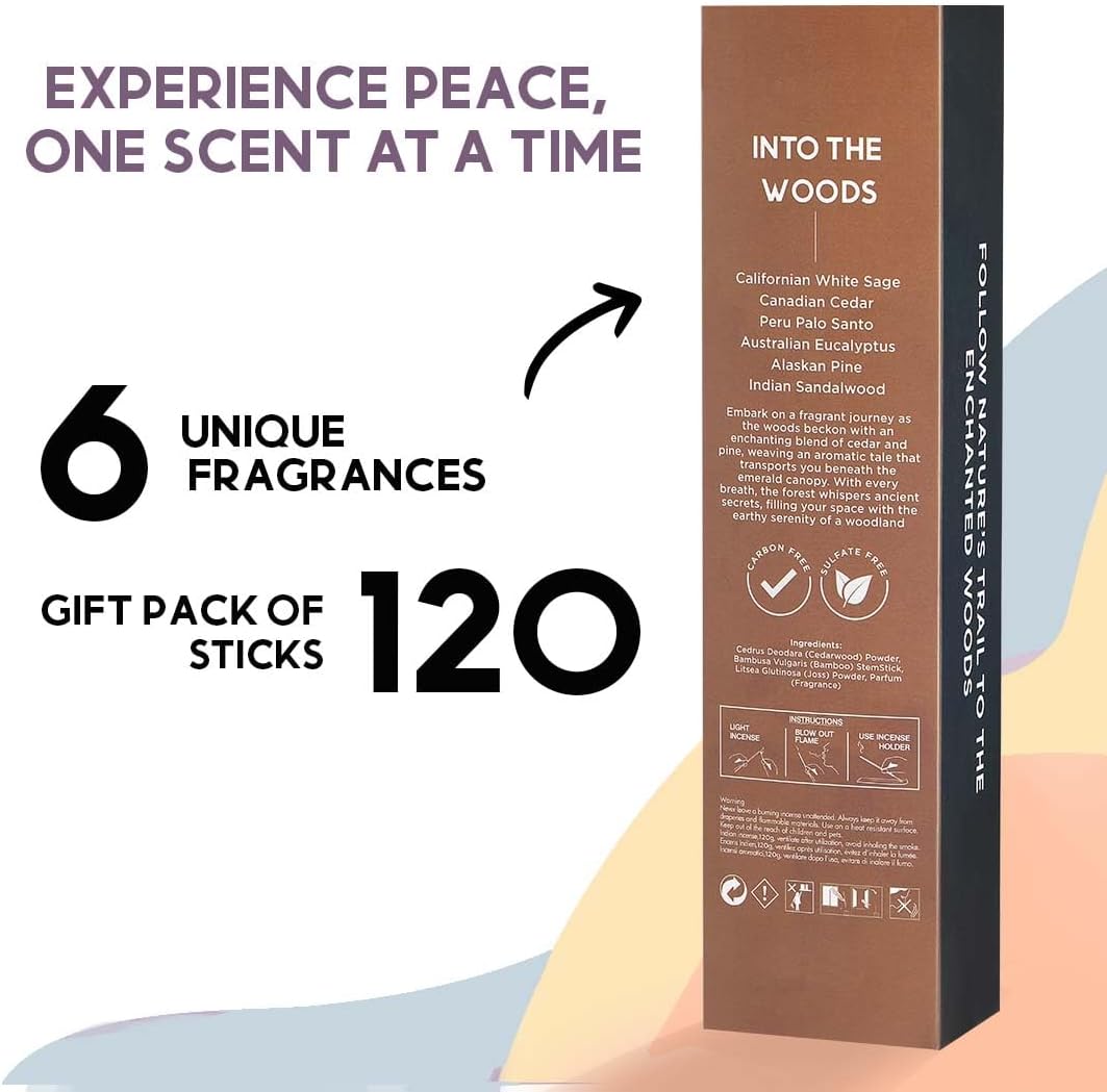 Folkulture Incense Sticks | Set of 6 (120) Insence-Sticks with 45 Mins Burn Time | Non Toxic Sandalwood, Eucalyptus, Cedar, Palo Santo | Organic White Sage Inscents