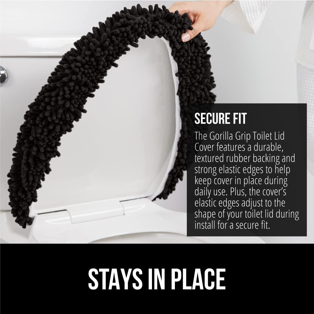 GORILLA GRIP Soft Chenille Bathroom Toilet Lid Cover, Machine Washable Seat Covers, 19.5x18.5, Stays in Place Rubber Backing, Fits Most Round, Elongated and Oblong Lids, Accessories Decor, Black