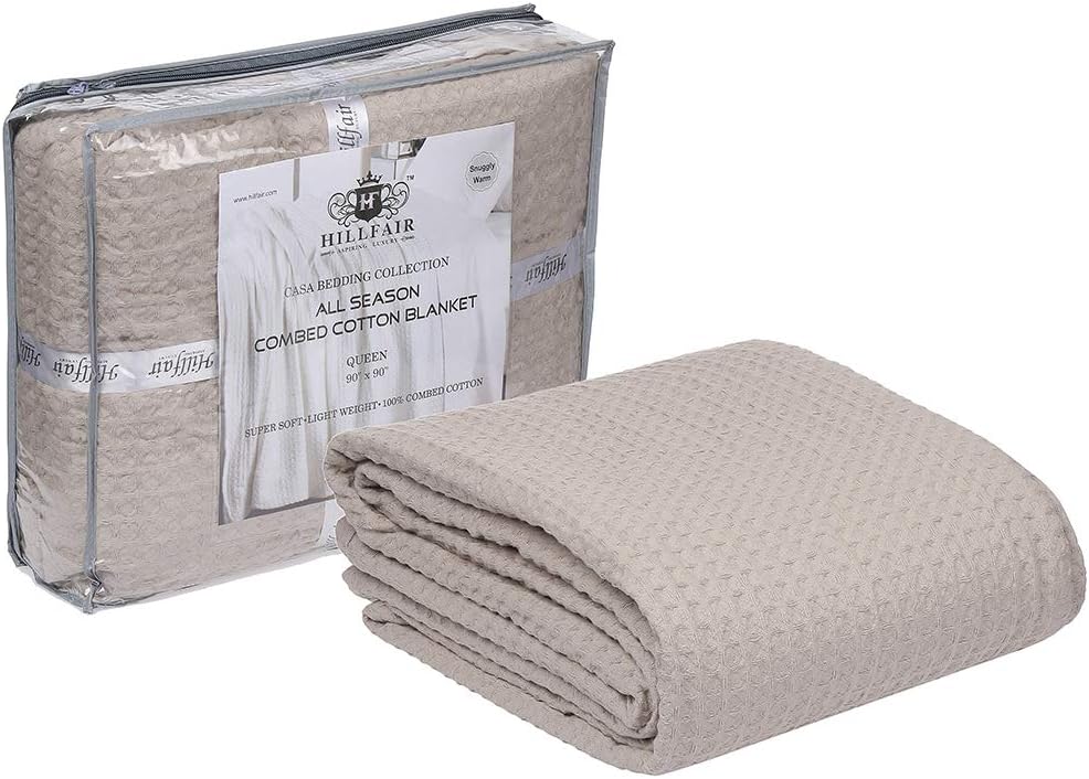 HILLFAIR 100% Combed Cotton Blanket– King Size Bed Blankets– Warm Soft All Season Breathable Lightweight Summer Blankets– Waffle Weave Home Decor Bed Blanket- Khaki King Bed Cotton Blankets/Bedcovers