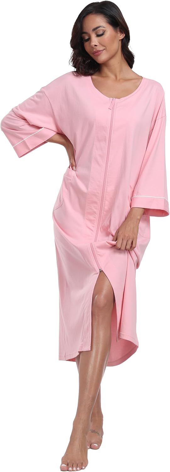 ANLIQI Women's 100% Cotton Robes Long Zipper Front House coats 3/4 Sleeve Bathrobes Lightweight Full Length Robe with Pockets