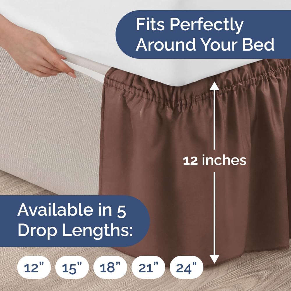 Wrap Around Dust Ruffle Bed Skirt - Brown - for Full Size Beds with 12 Inch Drop - Easy Fit Elastic Strap - Adjustable Pleated Bedskirt w/Brushed Fabric - Wrinkle Free - for Women, Men, Kids & Teens