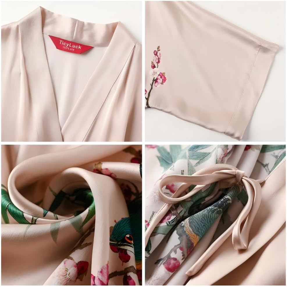 Women's Silk Kimono Robe Long Bathrobe Nightgown 100% Mulberry Silk for Women - Classic Floral Pattern