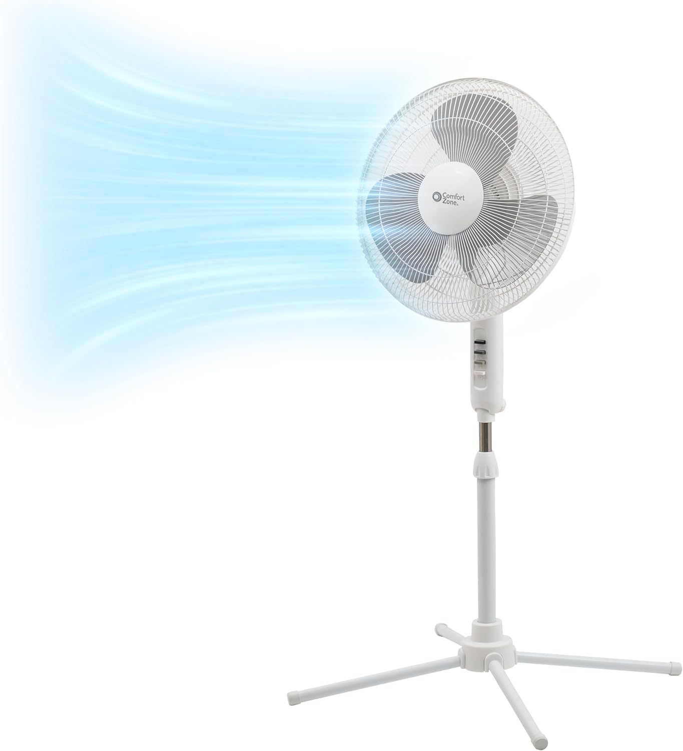 Comfort Zone Stand Fan, 16 inch Pedestal Fan for Bedroom, 3 Speed Floor Fan, 90 Degree Oscillation, Adjustable Height, Adjustable Tilt, Oscillating Air Circulator, Quiet Fan for Home or Office, White