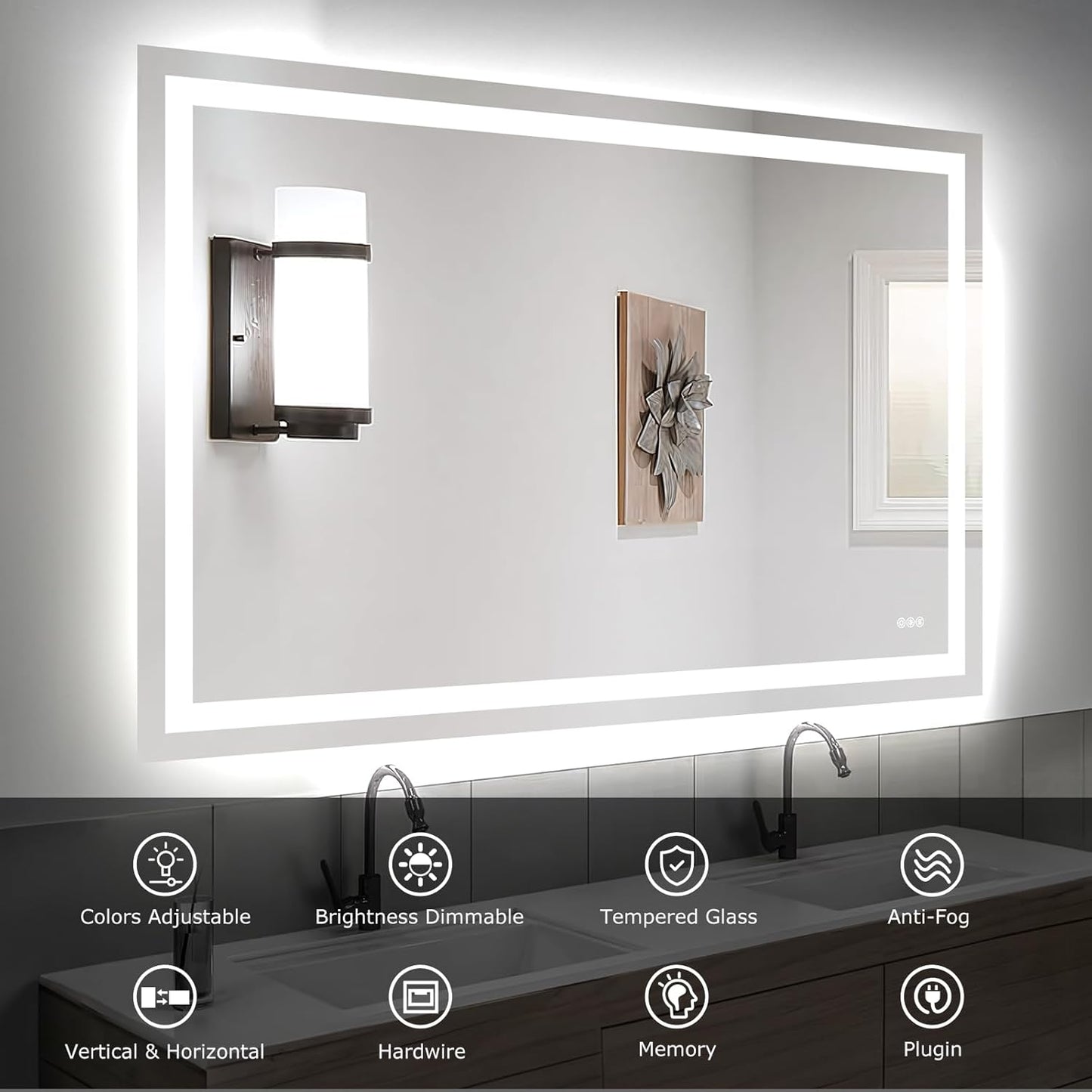 60X40 LED Bathroom Mirror with Lights, Anti-Fog, Dimmable, Backlit + Front Lit, Smart Bathroom Vanity Mirror, Memory Function, Shatterproof, Tempered Glass (Horizontal/Vertical)