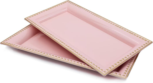2 Pack Pink Bathroom Vanity Tray for Countertop with Beads, Small Plastic Toilet Tank Versatile Storage Organization Tray for Makeup, Perfume, Desk, Kitchen, Candles, 14"x7"x1", 36P