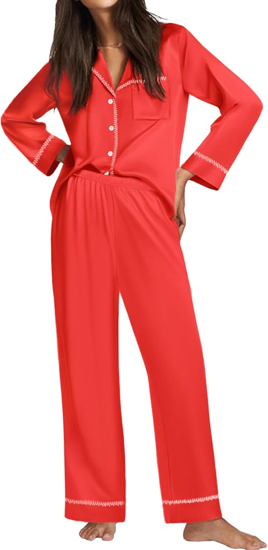 Ekouaer Satin Pajama Set for Women Silky Sleepwear Long Sleeve Top and Pants Button Down Pjs Lounge Set