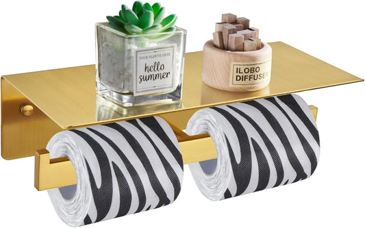 Angle Simple Toilet Paper Holder with Shelf Brushed Gold, 304 Stainless Steel Double Toilet Tissue Holder for Wall