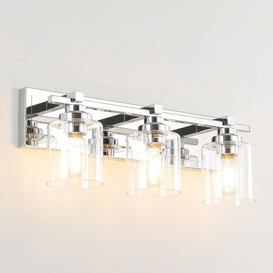 3 Light Modern Bathroom Light Fixtures Over Mirror, Chrome Vanity Lights for Bathroom Wall Sconces with Clear Glass Shades, E26 Socket (Bulbs Not Included)