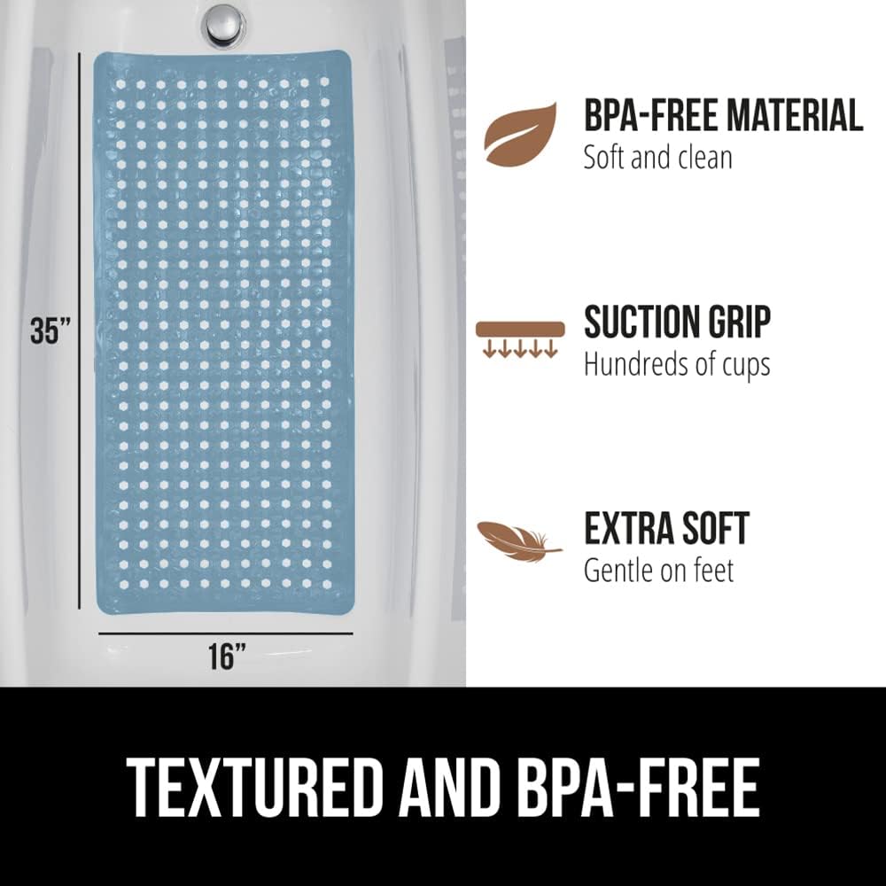 GORILLA GRIP Patented Bath Tub Shower Mat, Machine Washable Bathtub Floor Liner Mats, Suction Cups and Drain Holes to Keep Tubs Clean, Soft on Feet, Bathroom Essentials, 35x16 Inch, Sky Blue Opaque