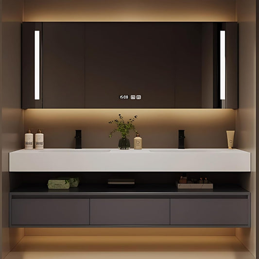 84IN Bathroom Vanity Double Sink - Double Sink Bathroom Vanity Set Include Smart Defogging Bathroom Mirror Cabinet with LED Light Strips, Abundant Storage Space with 3 Drawers (Mirror Cabinet)