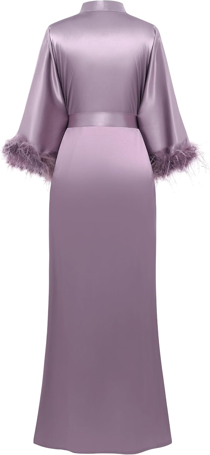PRODESIGN Satin Kimono Robe Long Silky Bathrobe with Ostrich Feather Trim Sleepwear Wedding Bridesmaid Dressing Gown