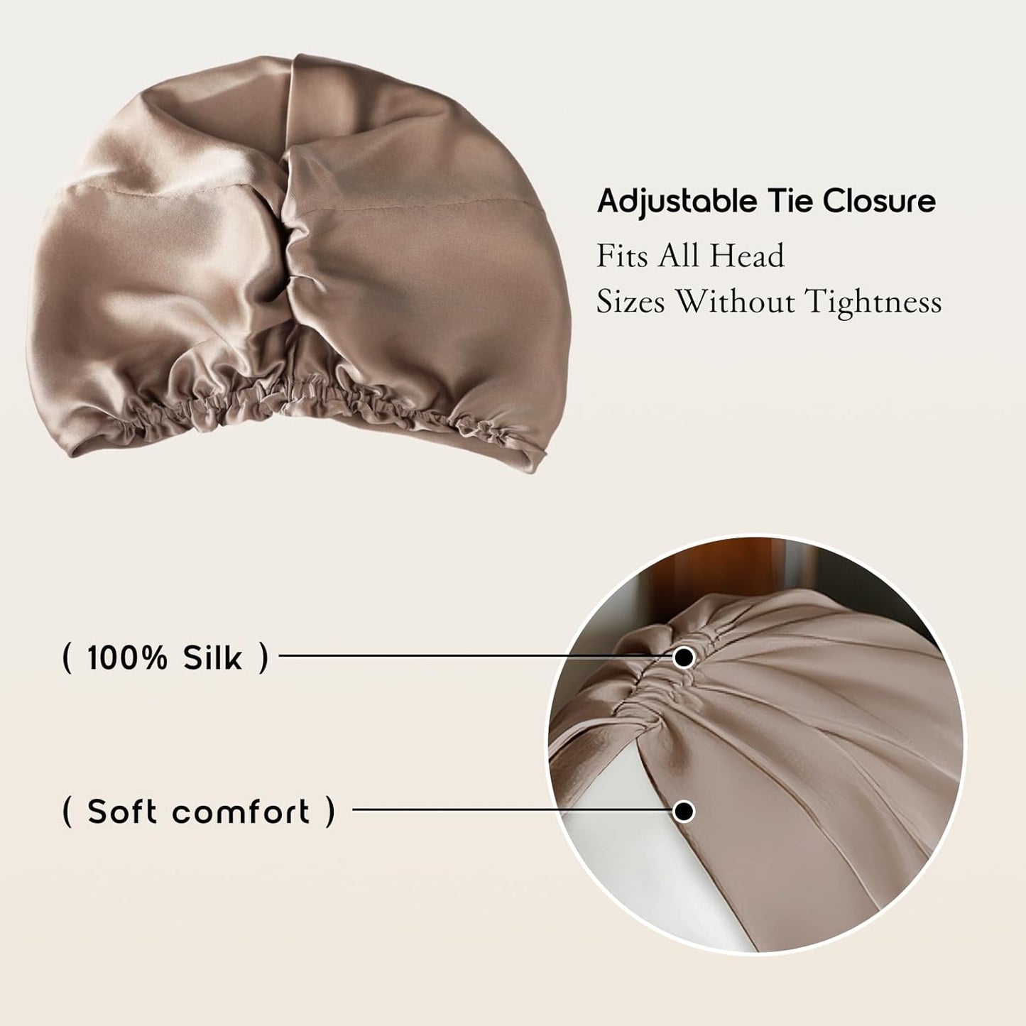 100% Mulberry Silk Bonnet for Sleeping, Adjustable Tie Closure for Women, Breathable Hair Wrap for Hair Protection