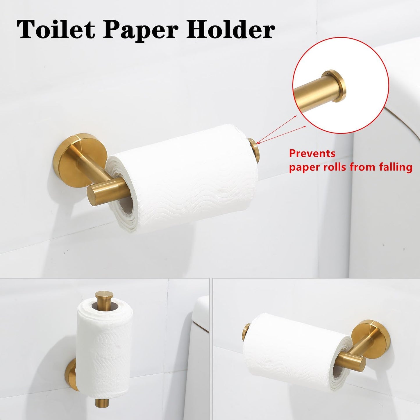 4 Piece Brushed Gold Stainless Steel Bathroom Hardware Set Include Hand Towel Ring, Toilet Paper Holder,and 2 Robe Towel Hooks,Bathroom Accessories Kit