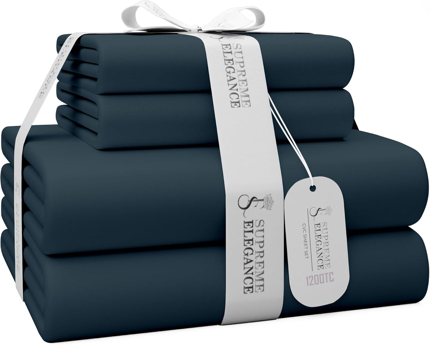 SUPREME ELEGANCE 1200 Thread Count King Dark Blue Sheet Set, Hotel Luxury Cotton Rich Ultra Soft Sateen Sheets, Easy Care Bed Sheet Set with Deep Pocket (1 Flat Sheet, 1 Fitted Sheet & 2 Pillowcases)