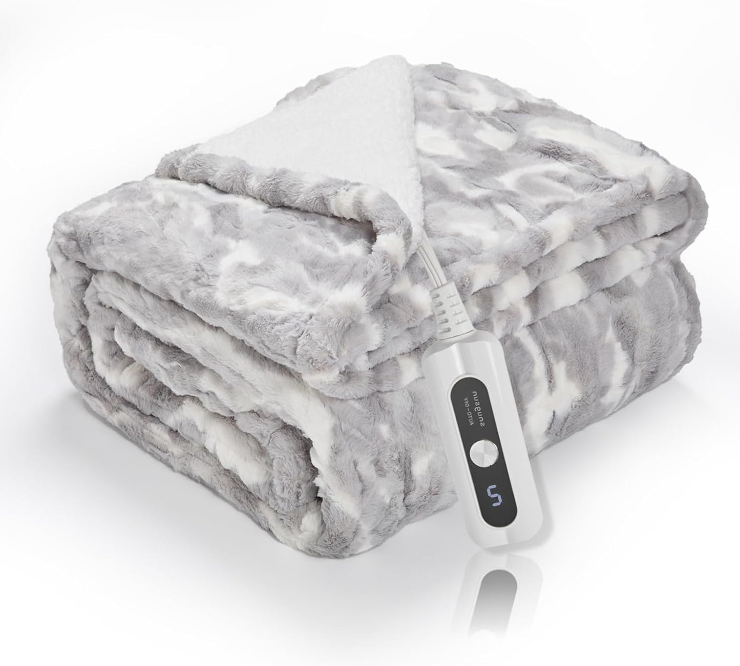 Heated Blanket Faux Fur & Sherpa Twin Size, Safe Electric Blanket ETL & FCC Certified, Soft Warm 6 Heating Levels & 10 Hours Auto-Off, Machine Washable, 62"x84" Light Grey & White Pattern