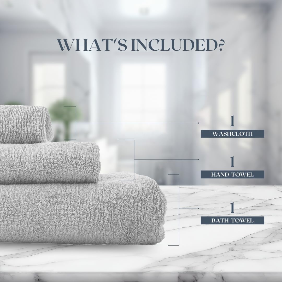 Egyptian Cotton Towel Set - 3 Piece | Ultra Soft 100% 600 GSM Towels | 1 Bath, 1 Hand, 1 Washcloth | Quick Dry, Durable for Bathroom, Home, Spa, Gym | Premium Towel Set (Light Gray)