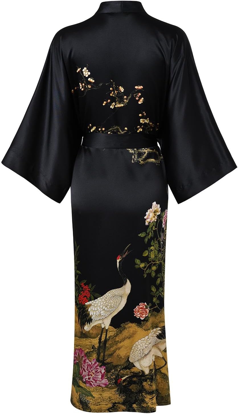 Women's Silk Kimono Robe Long Bathrobe Nightgown 100% Mulberry Silk for Women - Classic Floral Pattern
