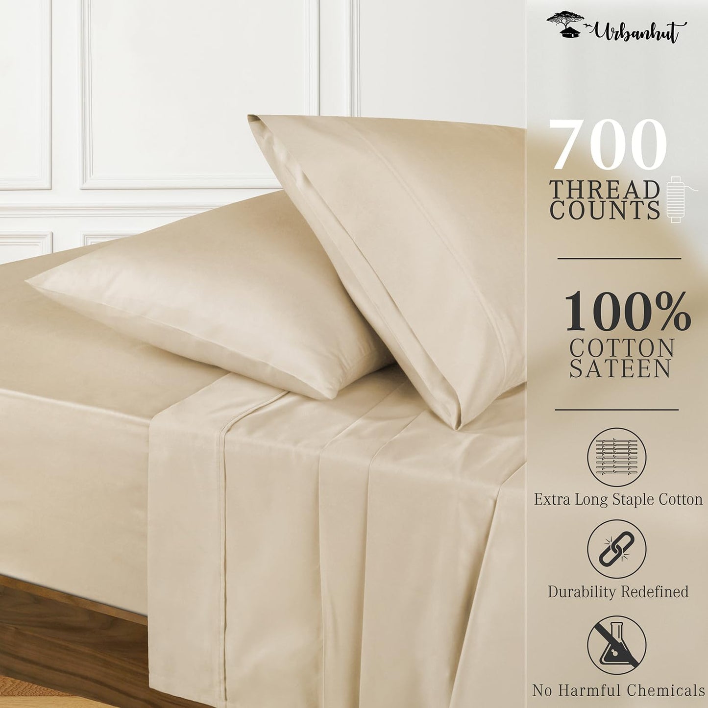URBANHUT 700 Thread Count Egyptian Cotton Sheets Queen Size, 4Pc Sheet Set Soft Luxury Bed Sheets for Queen Size Bed, Sateen Weave Hotel Sheets, 16'' Elasticized Deep Pocket - Sand