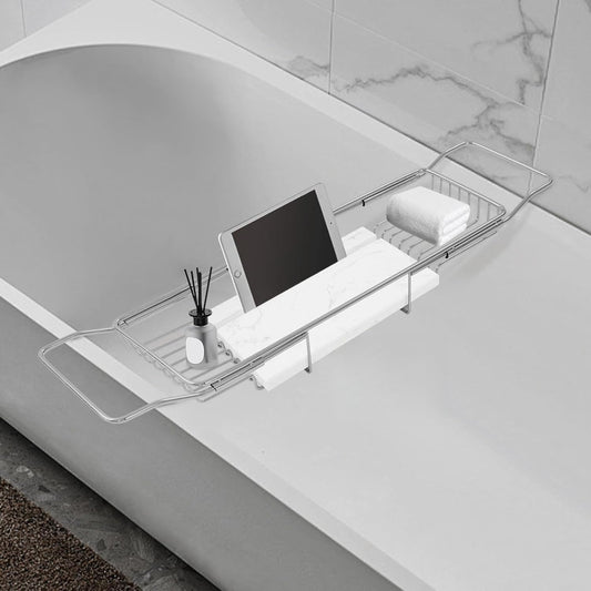 Bathtub Tray Caddy for Luxury Bath, Stainless Steel 26.8-35.4 in Expandable Extra Wide Bath Tub Tray with Natural Marble and Mobile/Tablet Stand, Ideal for Home Spa Lovers (Silver + White)