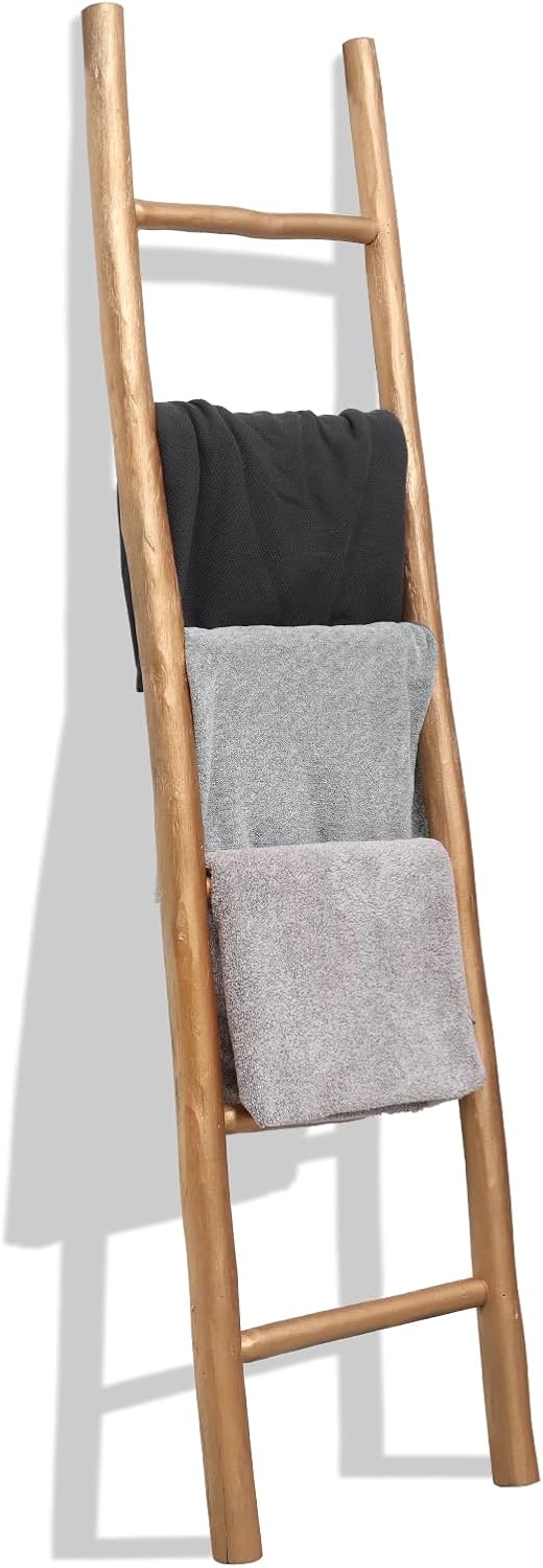FUIN Fully Assembled 6ft Wood Blanket Ladder Living Room Decorative Wall Leaning Farmhouse Quilt Display Holder Rustic Wooden Towel Rack for Bathroom, Gold