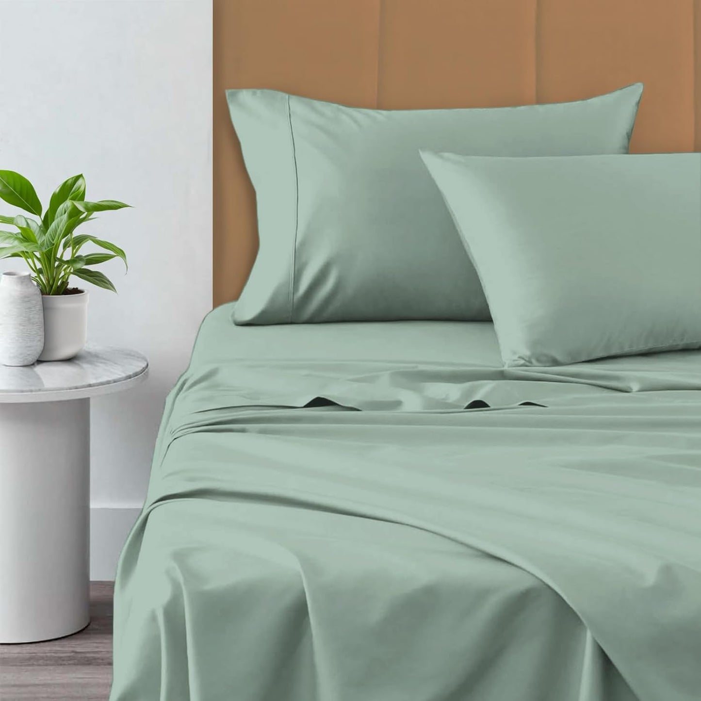 Pizuna Pure 100% Cotton Bed Sheets Set King Size Sea Foam, 800 Thread Count 100% Long Staple Cotton Sateen King Sheet Set with 15" Deep 2 Extra Pillowcases (Combed Cotton Bed Sheet Set)