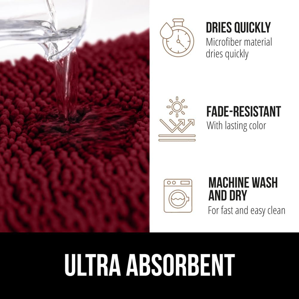 GORILLA GRIP Bathroom Rug Sets 3 Piece, Bath Mat Set and Oval Toilet Base with Rubber Backing, Plush Absorbent Shaggy Chenille Washable Mats, Includes 24x19.5, 24x17 and 36x24 Inch Rugs, Burgundy