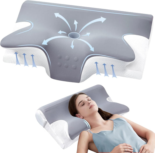 Effective Pain Relief Cervical Neck Pillow for Sleeping, Memory Foam Pillows for Neck Support, Odorless Contour Side Pillow, Ergonomic Bed Pillow for Back Stomach Sleeper (Grey and White)