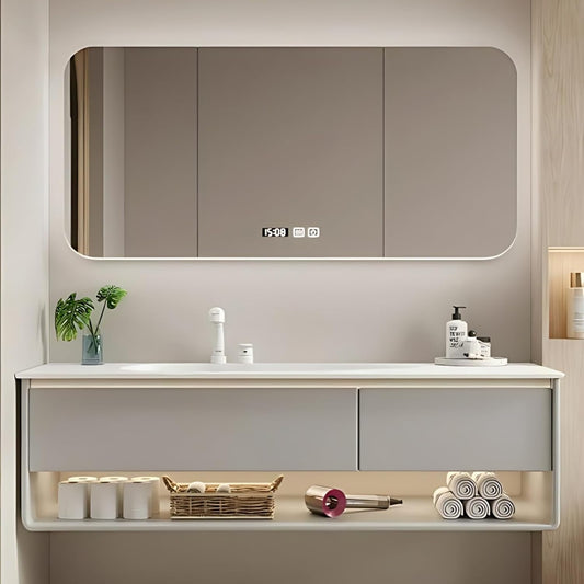 68IN Grey Bathroom Vanity Set - Floating Bathroom Vanity with Single Sink | Including LED Smart Defogging Mirror Cabinet & Time Display Function, Equipped with Motion Sensing Light Strip (Style A)