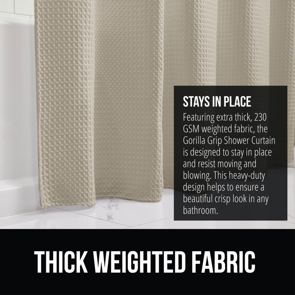 GORILLA GRIP Waffle Shower Curtain, Thick Weighted Fabric, 72x78, Wrinkle and Rust Resistant, Classic Hotel Quality Design, Heavy Duty Long Curtains for Bathroom Showers, Bath Tubs, Machine Wash Beige