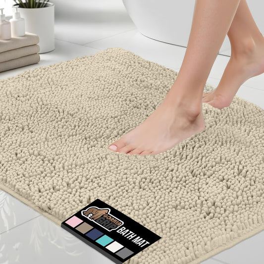 GORILLA GRIP Bath Rug Mat, Thick Soft Absorbent Chenille, Quick Dry Microfiber Mats, Rubber Backing Washable Shower Floor Rugs, Bathmat Runner, US Designed Bathroom Home Decor Accessories 24x17, Sand