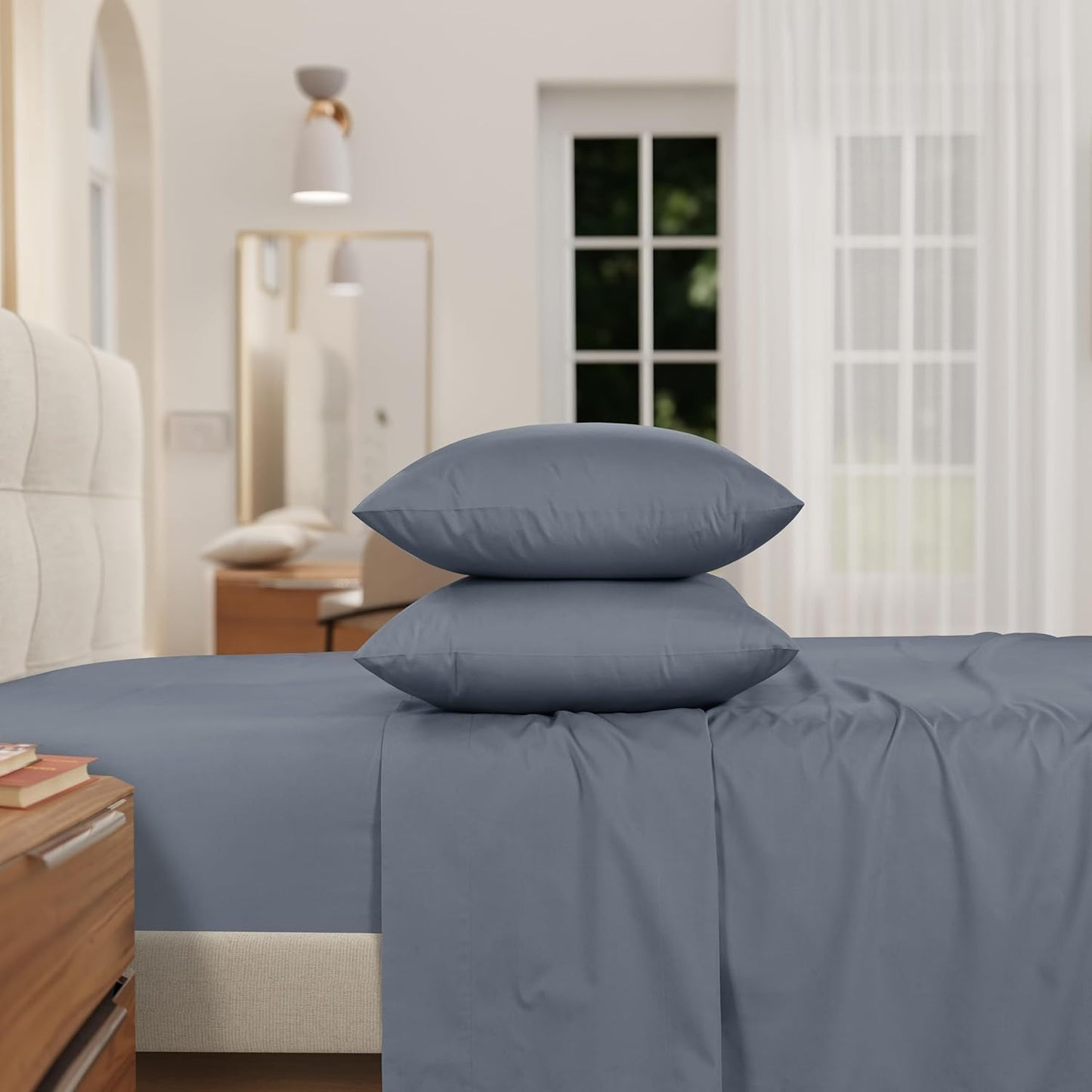 IZOD 100% Egyptian Cotton Sheets Set Full Size, Cotton Percale Crisp Sheet Set 4Pc, Lightweight & Deep Pocket fits Upto 17", Long-Staple Soft Combed, Hotel Style Luxury Bedding Sheet - Blue Slate