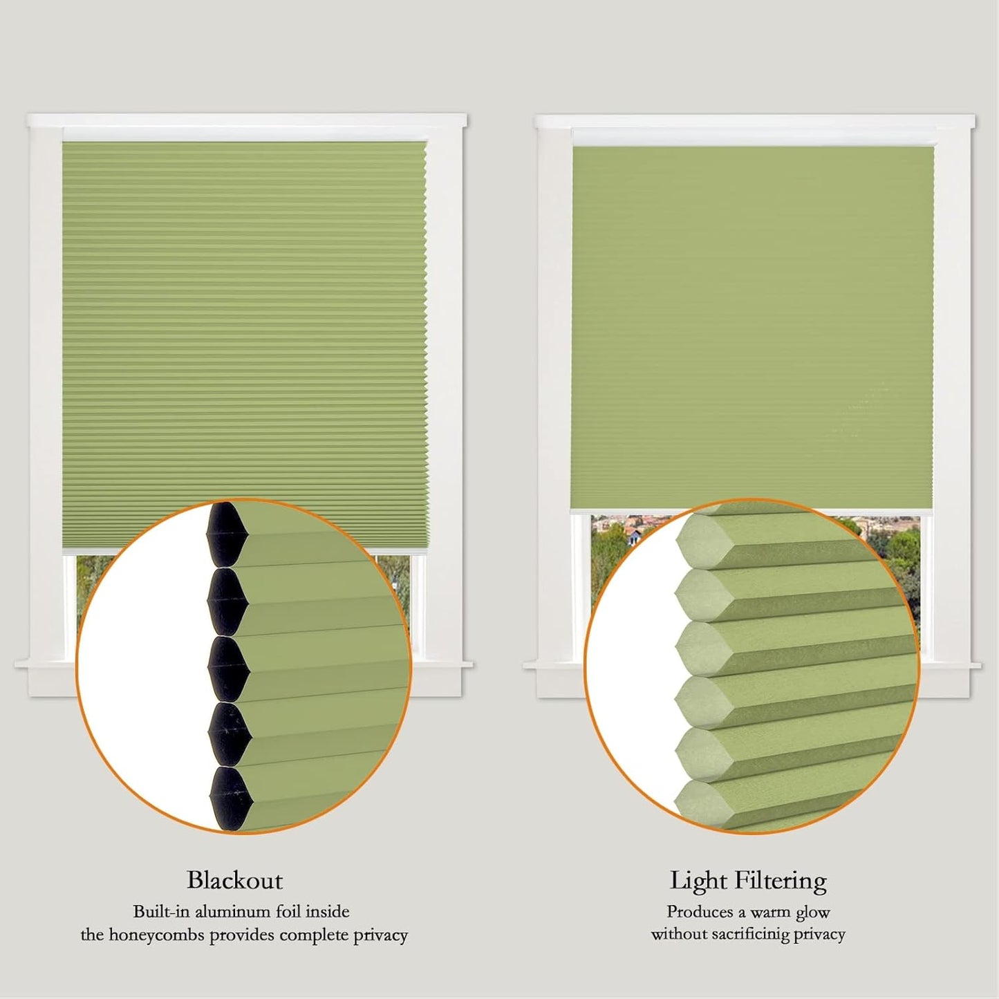 Persilux Custom Cellular Shades Cordless Window Shades Light Filtering Bottom up Honeycomb Blinds UV Protection Room Darkening Blinds for Windows, Office and Living Room Green