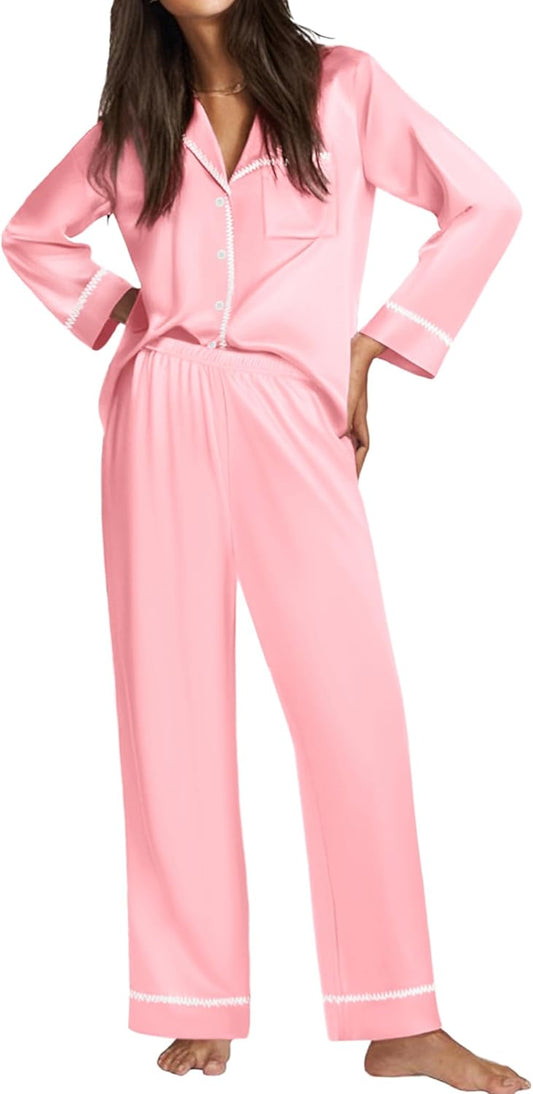 Ekouaer Satin Pajama Set for Women Silky Sleepwear Long Sleeve Top and Pants Button Down Pjs Lounge Set