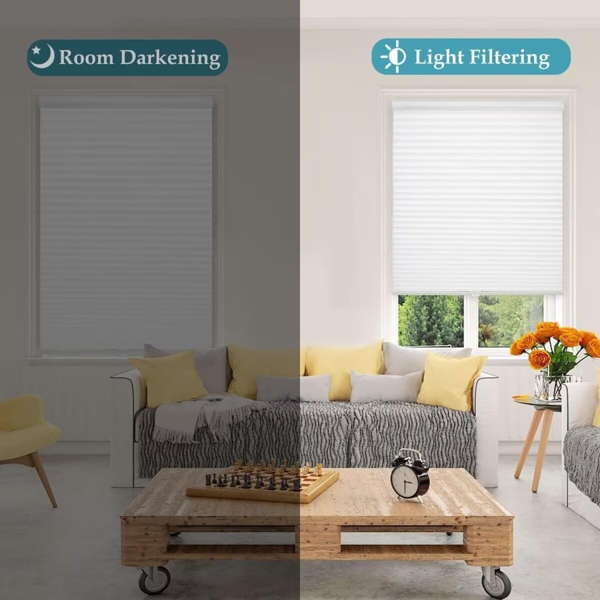 MYshade 1.5-Inch Cellular Cordless Light Filtering Shades,Thermal Insulating Noise Reducing Waterproof Blinds,Honeycomb Window Treatments for Indoor Light Control (White-33 W x 72" H)