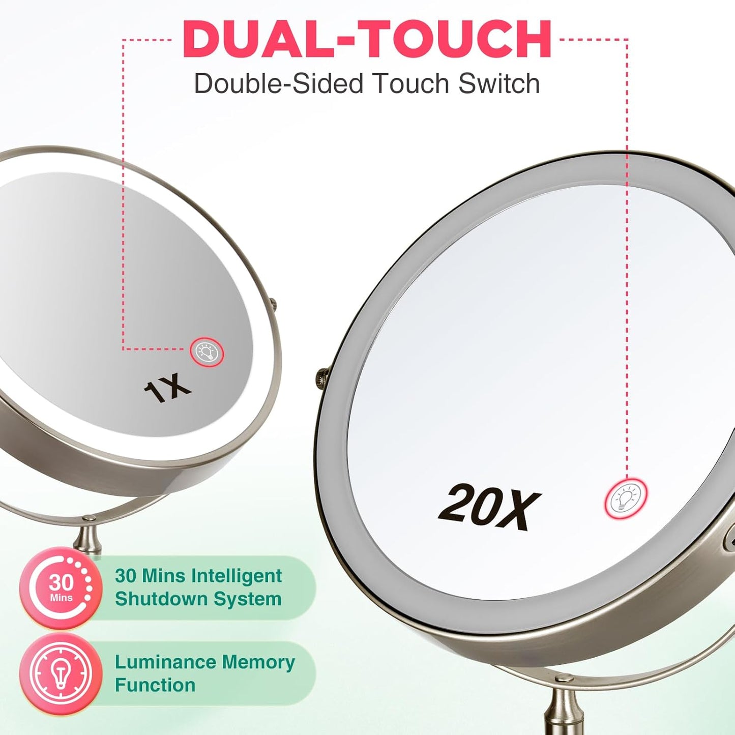 20X Magnifying Mirror with Light: 8.5 Inch Lighted Makeup Mirror, Wall Mount, 360 Rotation, Touch Screen, Rechargeable, Brushed Nickel