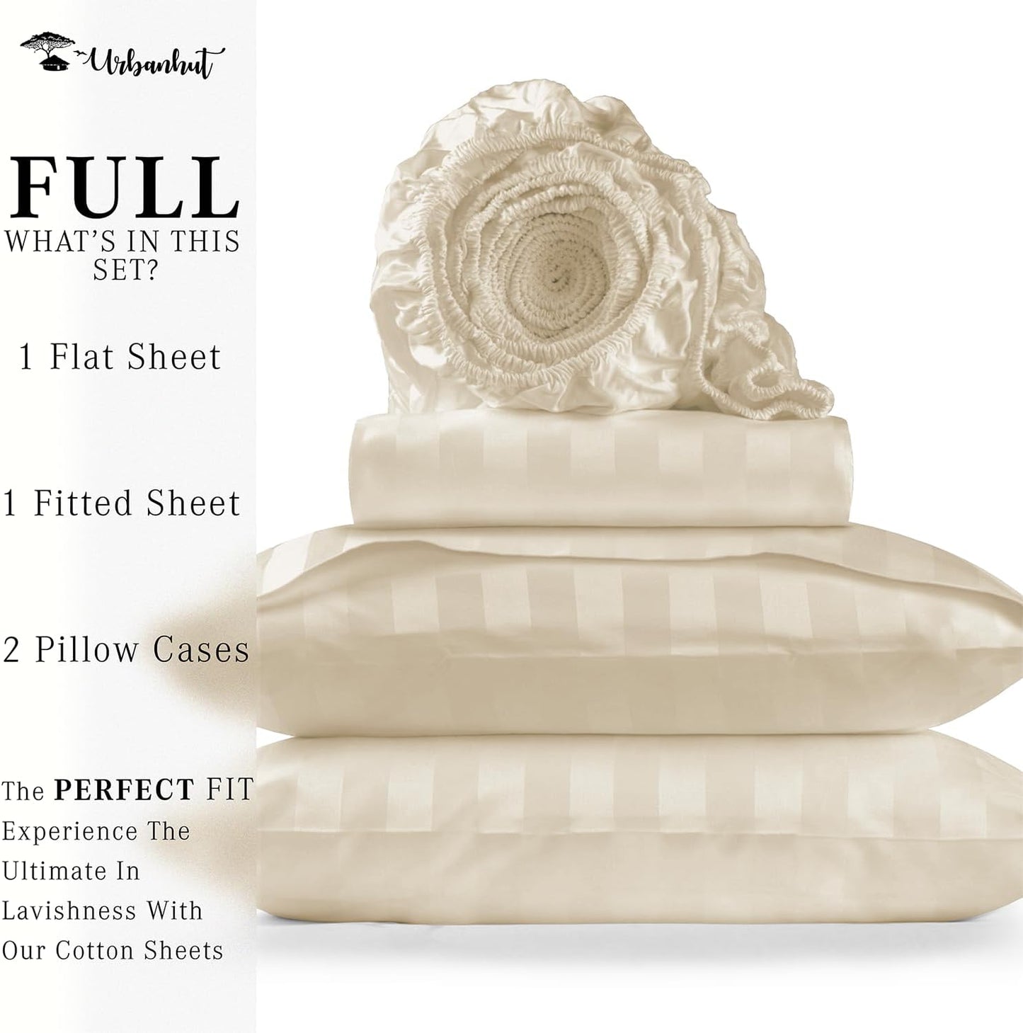 URBANHUT 1000 Thread Count Egyptian Cotton Damask Striped Full Sheets, Long Staple Soft & Breathable, 4 Pc Bed Sheet Sets, Luxury Hotel Sateen Sheets Fits 16" Deep Pocket - Ivory